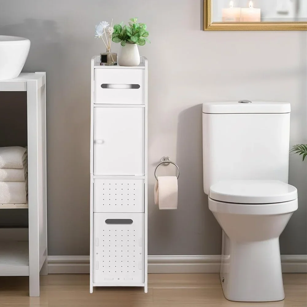Toilet Paper Holder Stand with Trash Can, Slim Bathroom Storage Cabinet